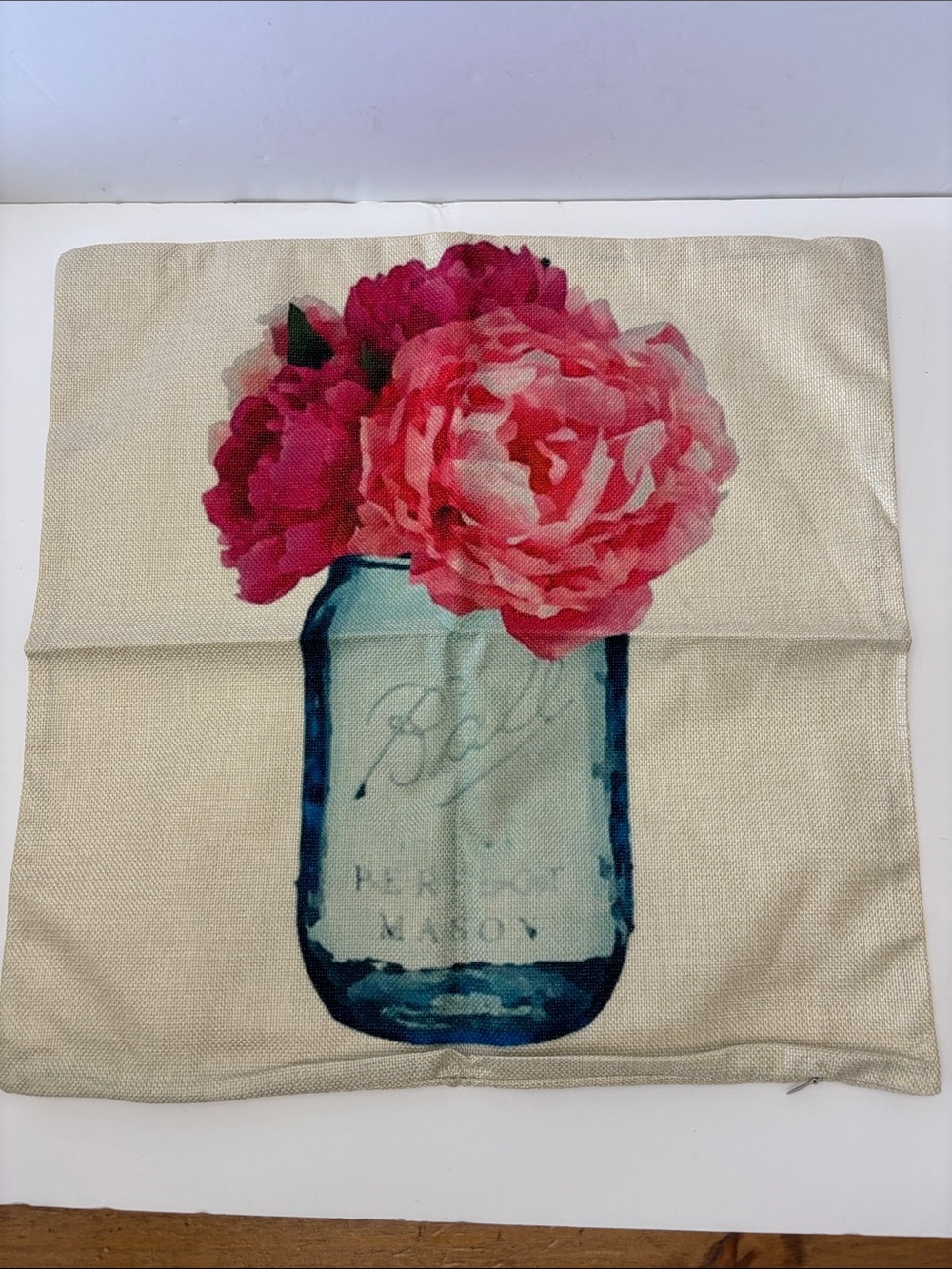 Canvas Pillow Cover with Pink Peony Ball Mason Jar Print